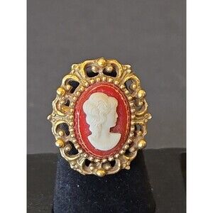 Vintage Signed Coro Lady Cameo Adjustable Goldtone Ring Victorian Revival Estate